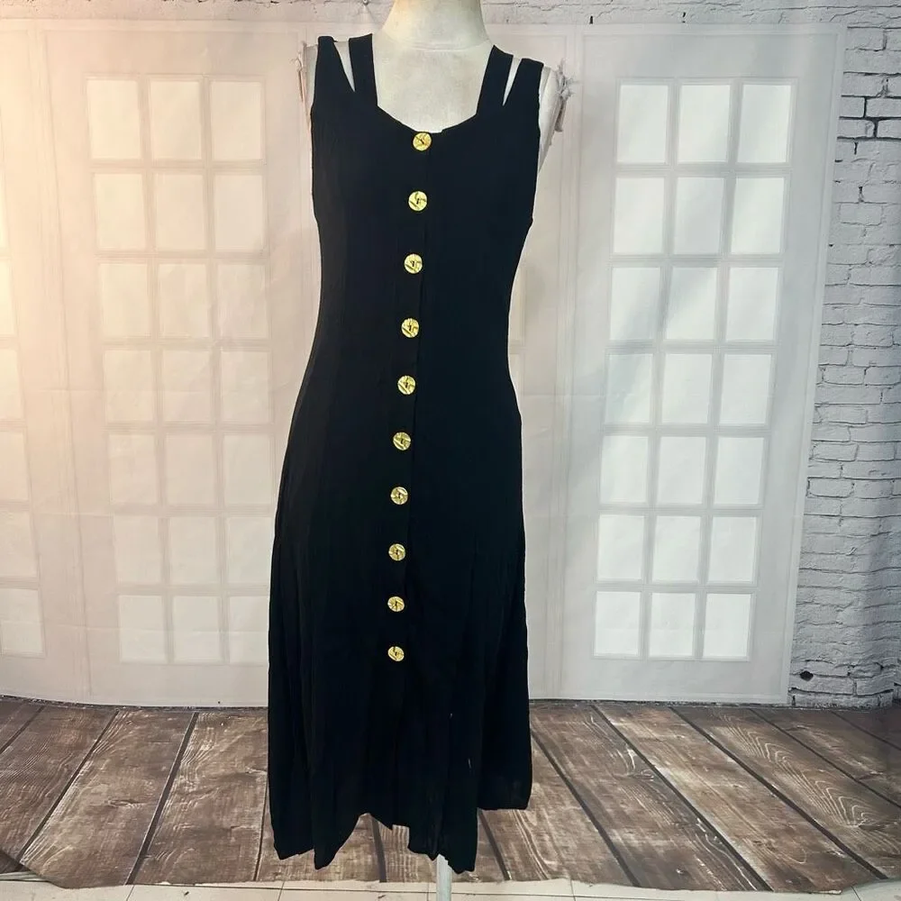 ROW A Black Strappy gold Button Down Midi Dress Size Small - Picture 2 of 10